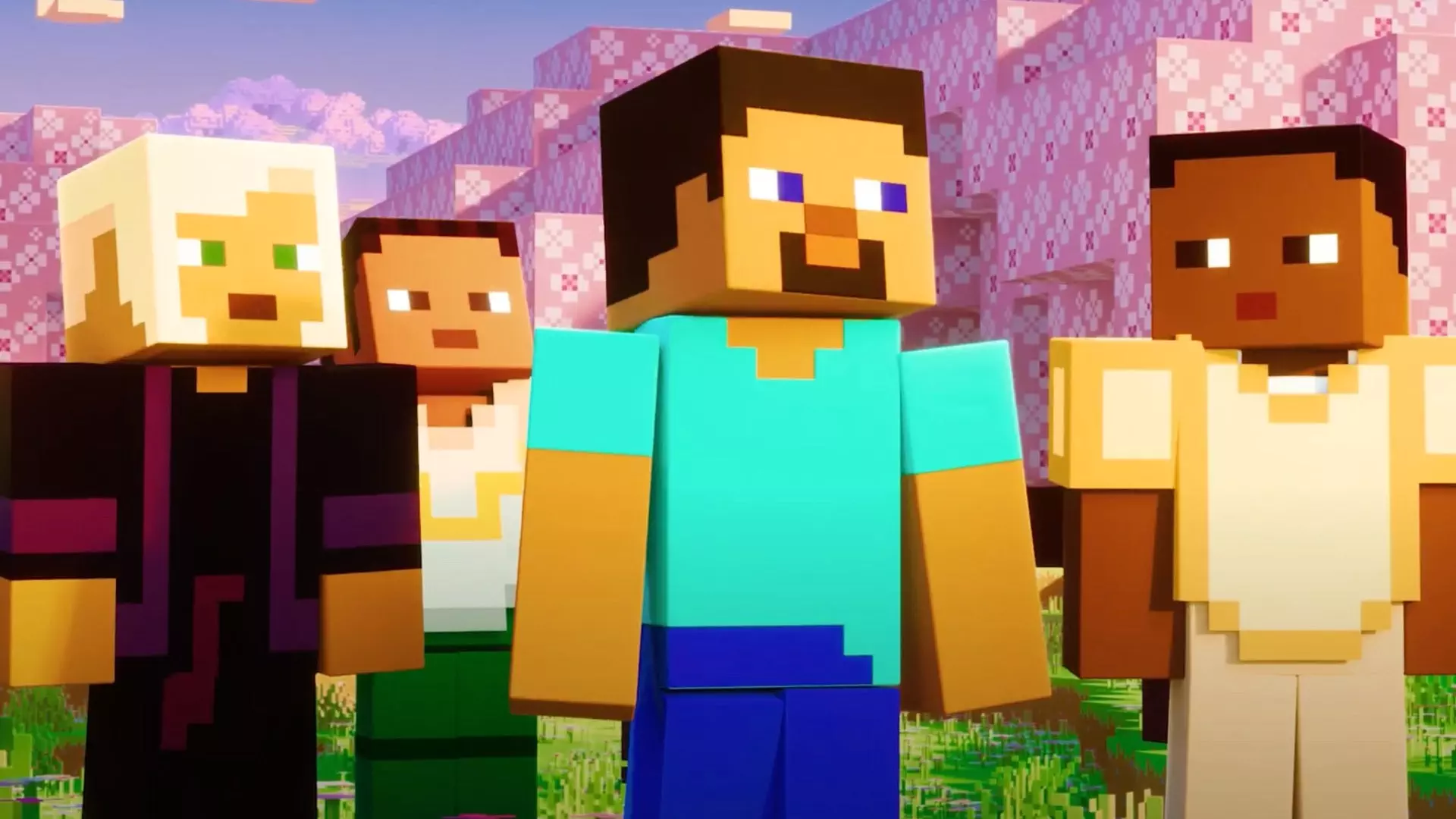 Top Stories Tamfitronics A shot from the Minecraft Live trailer showing iconic protagonist Steve surrounded by three blocky friends in front of some cherry blossoms.