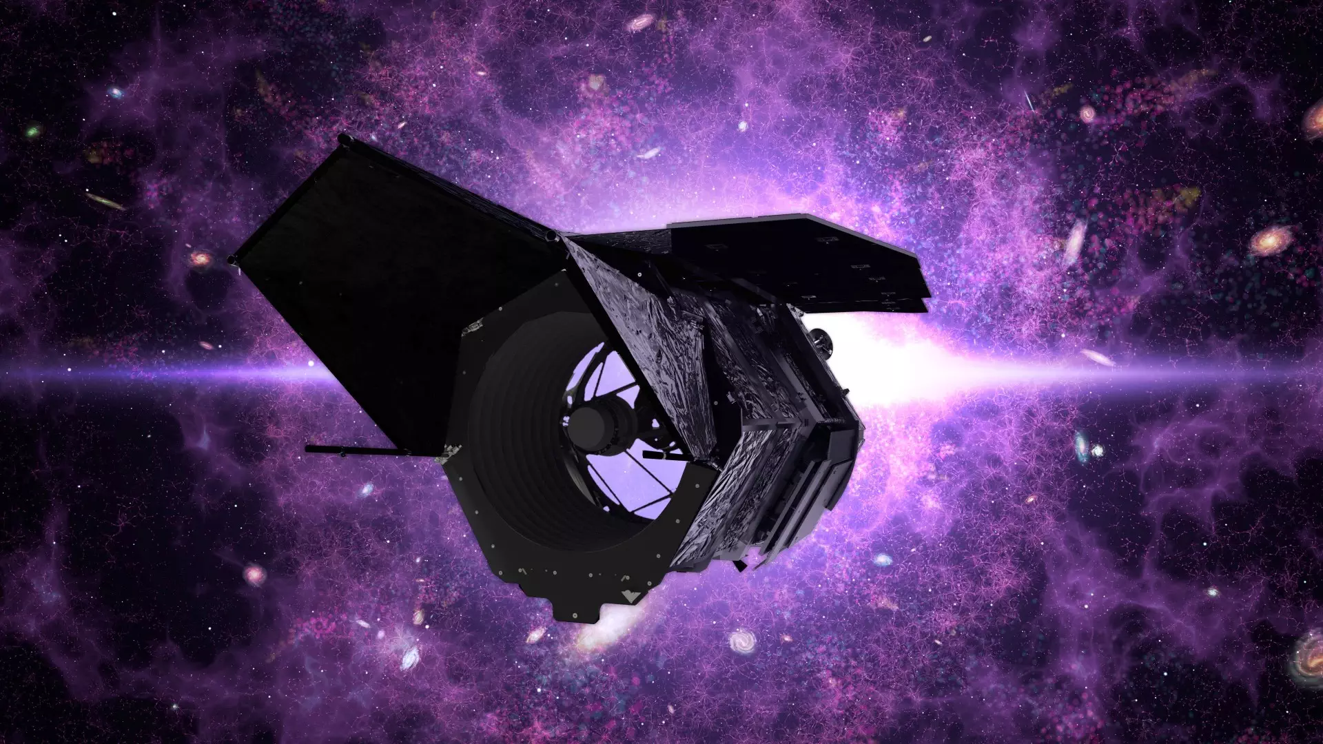 NASA Space Technology A tubular spacecraft against a bright purple background