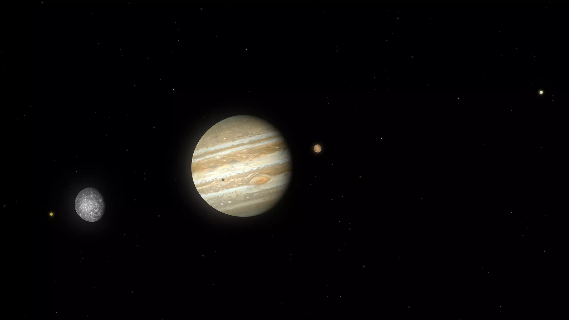 NASA Space Technology a large gas giant hangs left of center surrounded by smaller moons.