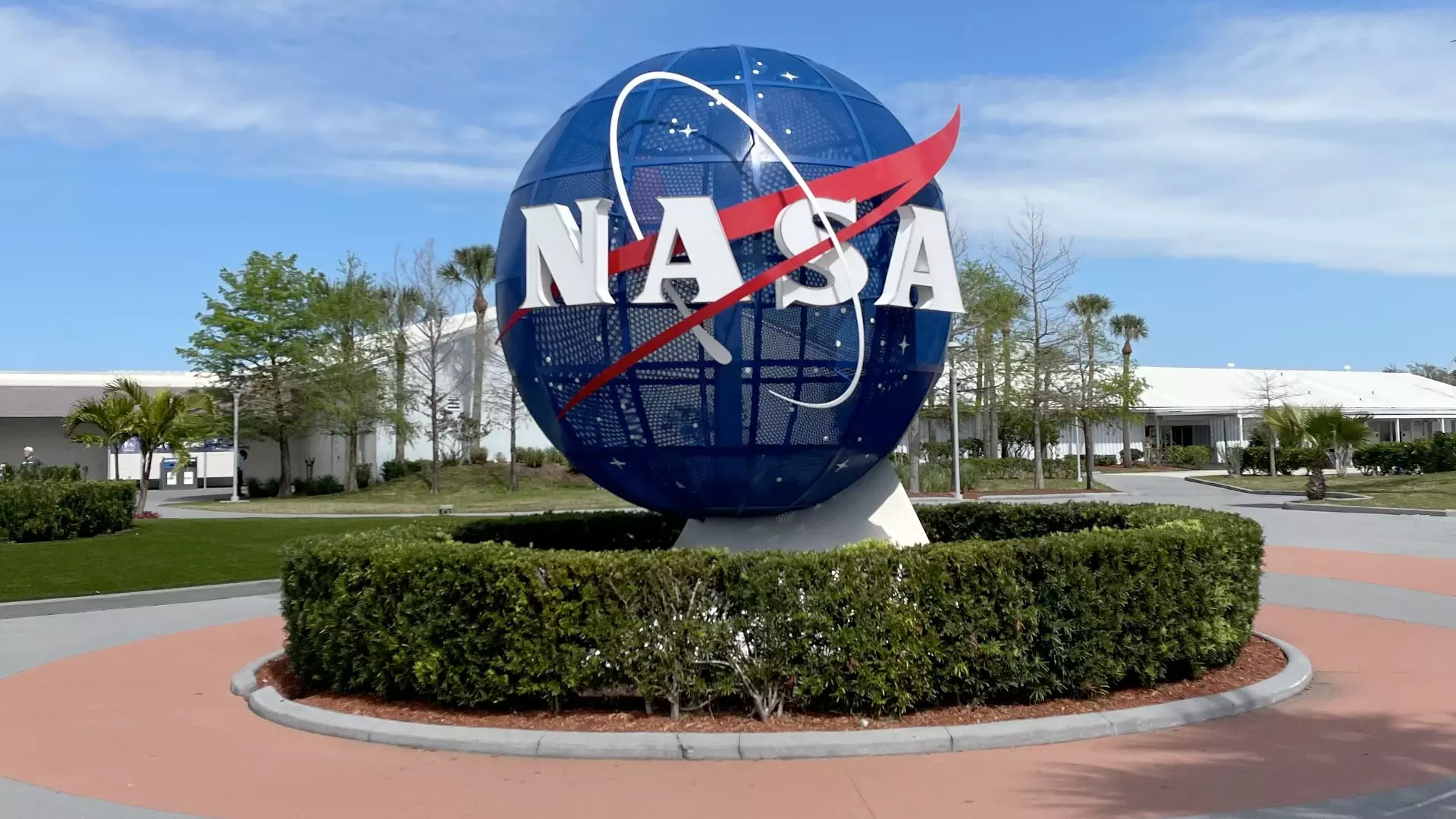 NASA Space Technology outdoor sculpture of nasa's spherical blue-and-white 