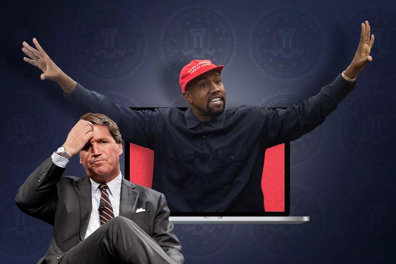 Top Stories Tamfitronics A picture illustration with the FBI seal in the background, Tucker Carlson in the foreground taking a see confused out, and Kanye West coming out of a notebook computer.