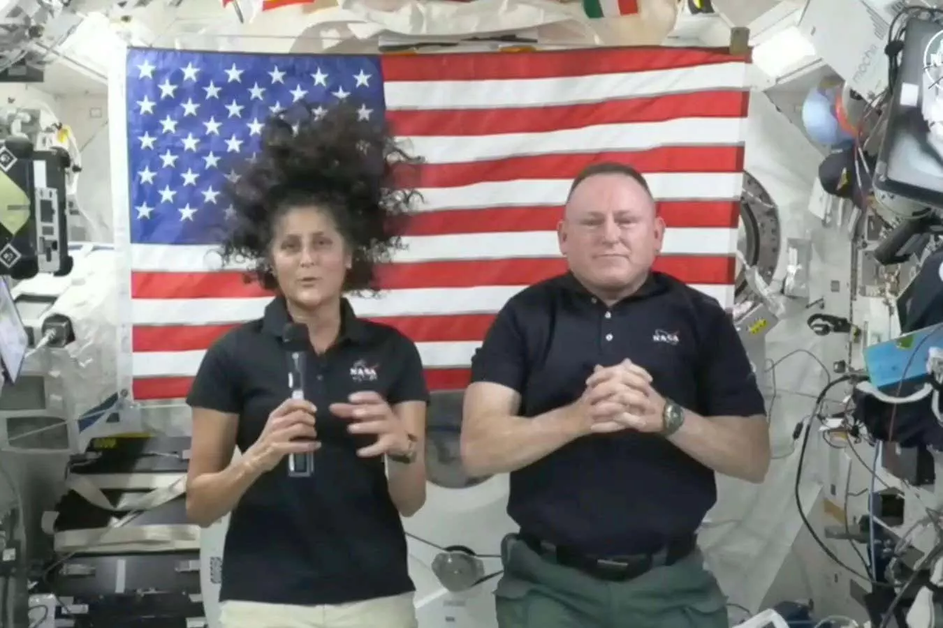 NASA Space Technology 2XGTH8A In this image from video provided by NASA, astronauts Suni Williams, left, and Butch Wilmore give a news conference aboard the International Space Station on Wednesday, July 10, 2024. (NASA via AP)