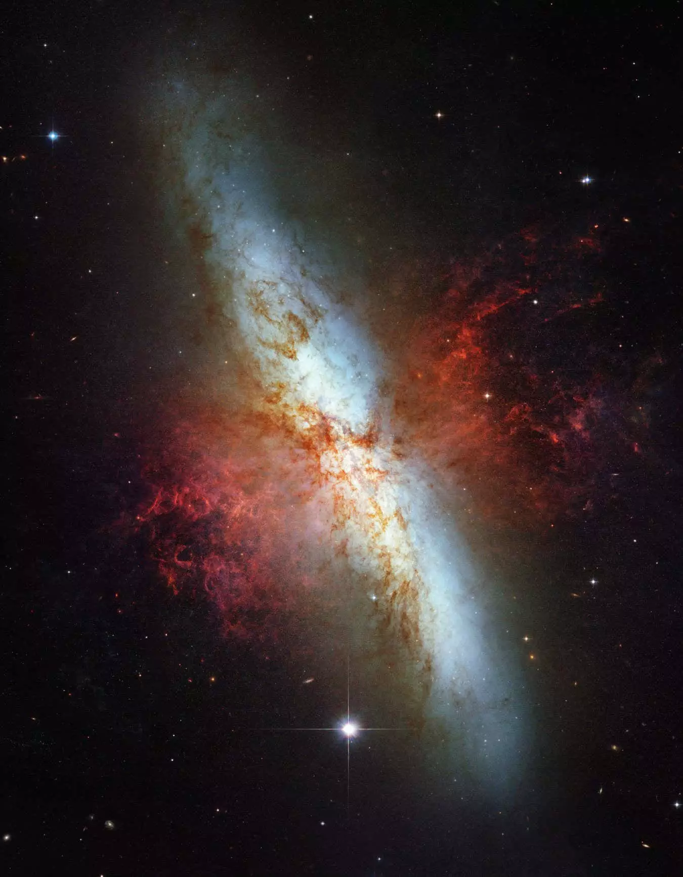 NASA Space Technology This mosaic image of the magnificent starburst galaxy, Messier 82 (M82) is the sharpest wide-angle view ever obtained of M82. It is a galaxy remarkable for its webs of shredded clouds and flame-like plumes of glowing hydrogen blasting out from its central regions where young stars are being born 10 times faster than they are inside in our Milky Way Galaxy.