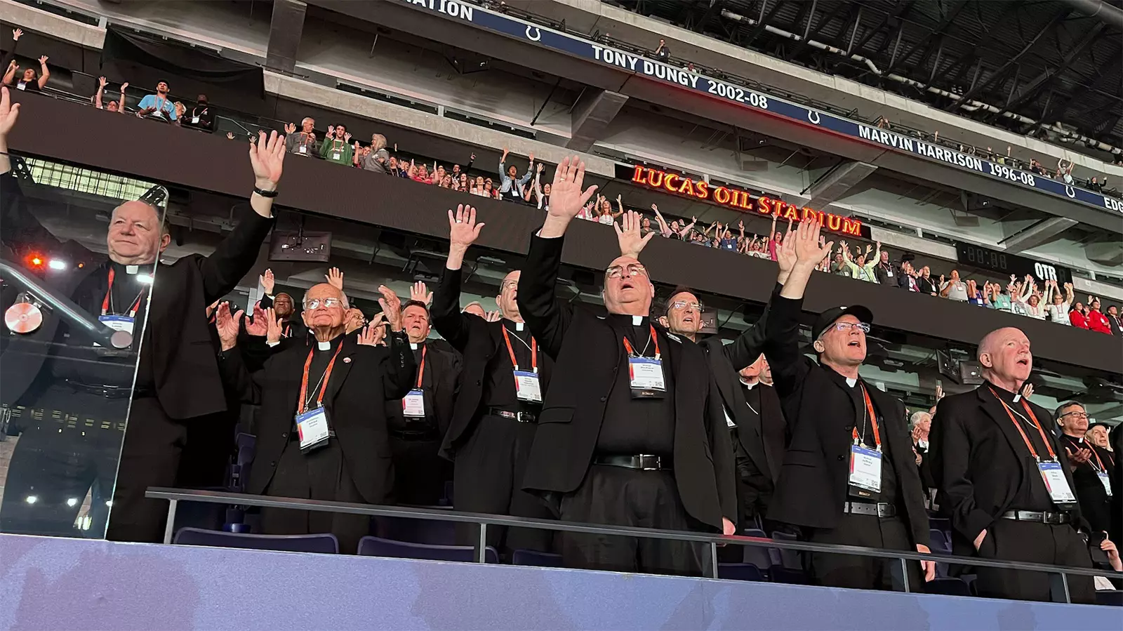 Top Stories Tamfitronics Catholic bishops sing ‘How Great Is Our God’ during the National Eucharistic Congress, Saturday, July 20, 2024, at Lucas Oil Stadium in Indianapolis, Indiana. (RNS photo/Aleja Hertzler-McCain)