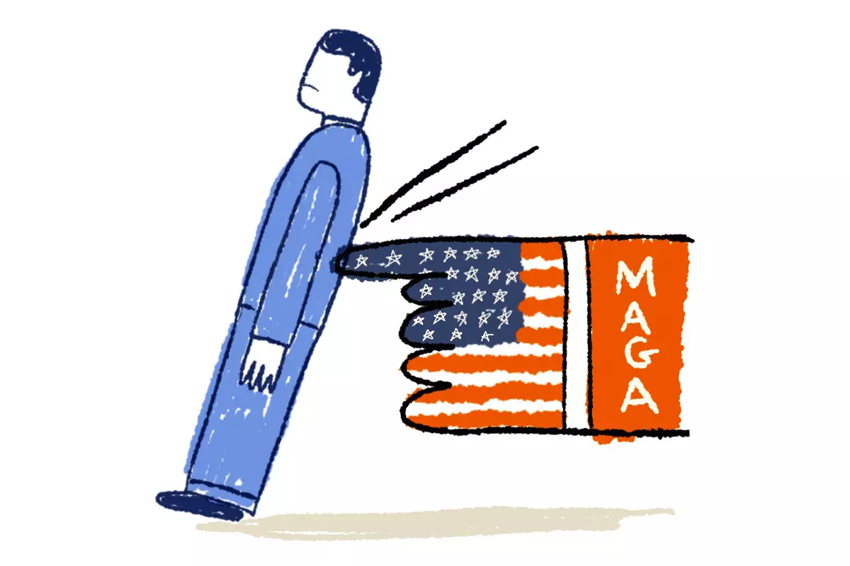 Politics tamfitronics Illustration of a large hand coloured like the US flag with ‘MAGA’ written on it. The hand is poking a rigid man in a blue suit, pushing him forward.