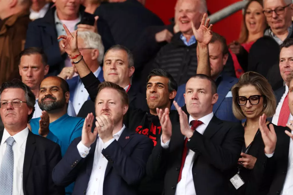 Politics tamfitronics Rishi Sunak, Prime Minister of the United Kingdom, enjoys the pre match atmosphere in the stands prior to the Sky Bet Championship Play-Off Semi-Fi...