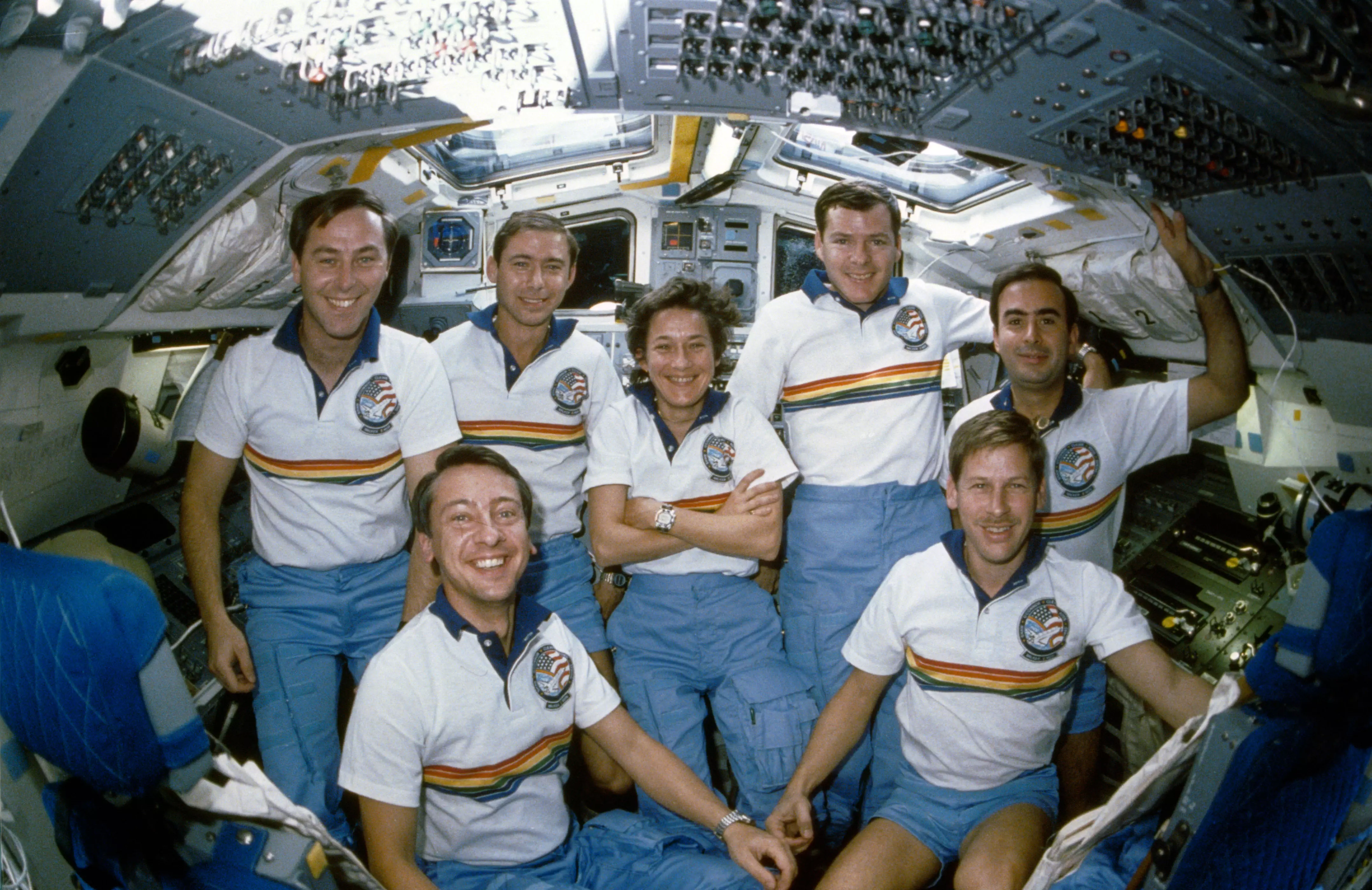 NASA Space Technology STS 61-B crew photographed on the flight deck of the earth-orbiting Atlantis