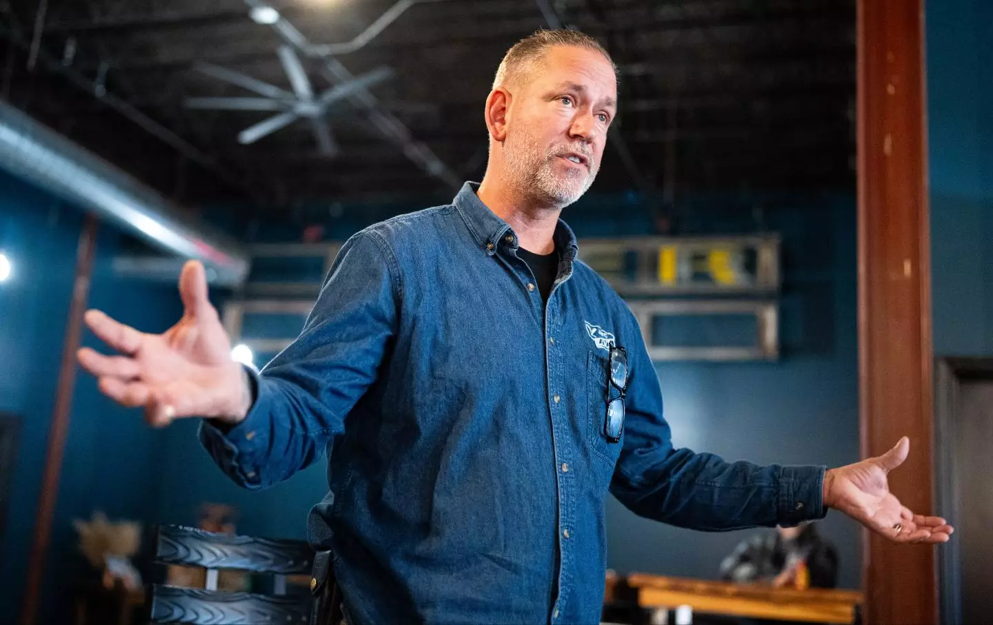 Politics tamfitronics Independent Senate candidate Dan Osborn speaks during his campaign stop at the Handlebend coffeshop in O'Neill, Neb., on Monday, October 14, 2024.